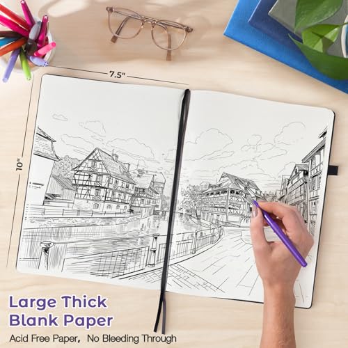 Blank Notebook, Hardcover Sketch Book, 8.5" x 11" Large Blank Journal, No Bleed Thick Paper Sketchbook for Drawing, Unlined Notebook Journal for Women Men, A4 Leather Sketchbook, Lay Flat, Purple - color: Purple