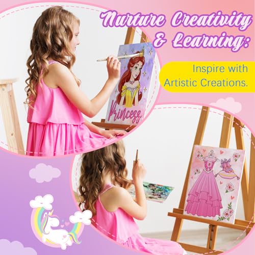 Ireer 12 Set Paint Party Set 8 x 10 Sip and Paint Kit Include 12 Printed Pre Drawn Canvas Panel, Wooden Easels, Palettes, Pots, Apron 36 Brushes for Adult Art DIY Party(Princess) - style: Princess