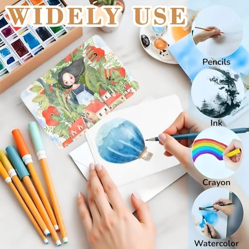 100 Sets Watercolor Paper, 4x6 Inch Watercolor Cards with Envelopes, 140lb/300gsm Water Color Paper, Art Supplies for Adults Kids, Cold Press Textured Cotton Sheets, Artist Painting Drawing Postcards