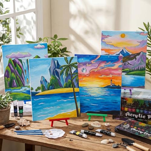 Sherr 108 Pcs 12 Set Landscape Sip and Paint Kit for Adults 8''x10'' Pre Drawn Canvas to Paint DIY Acrylic Painting Kit Pre Printed Canvas for Date Night Easter Mothers Day Party Team Building - style: Landscape