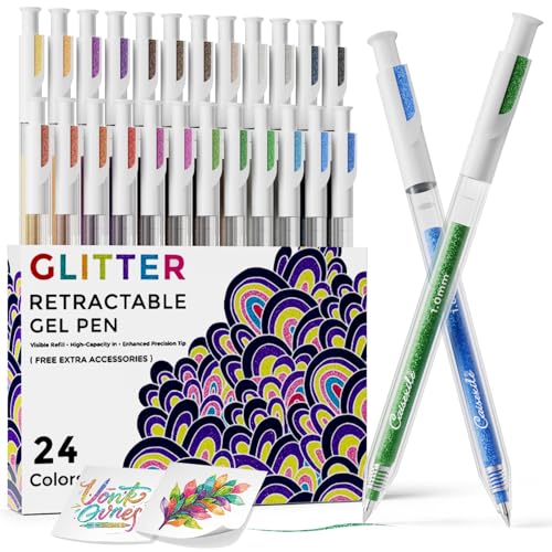 24 Retractable Glitter Gel Pens with Custom Color Card Slot – Quick Color ID, Stay Organized – Colored pens for Adult Coloring Books, Journaling, Drawing, Artists - color: 24 colors