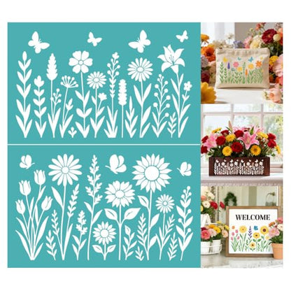 2 Sheets Wildflower Silkscreen Stencil, Flower Border Self-Adhesive Reusable Mesh Stencils Printing Stencils Templates for Screen Printing on Wood, Fabric, Walls, Garden Decor & DIY Crafts - style: Wildflowers