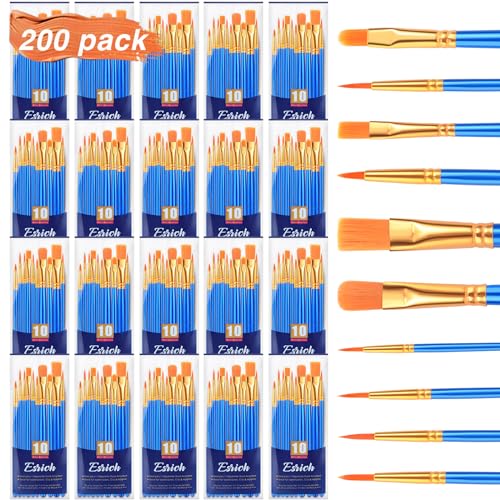 ESRICH Acrylic Paint Brushes Set, 20 Packs / 200 Pcs Nylon Hair Paint Brushes,Paint Brush Set Suitable for Oil,Watercolor,Rock Body Face Art, Kids Adult Perfect Art Painting Craft Paint Brush Kits. - color: Blue, size: 200