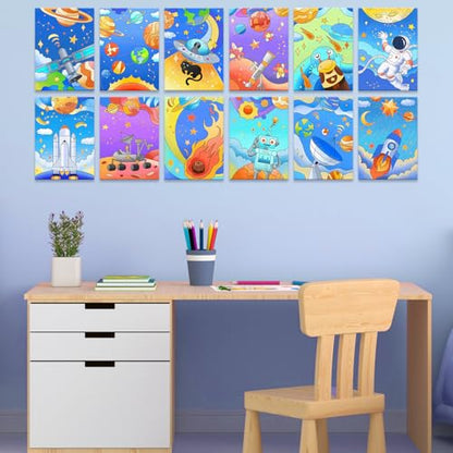 12 Packs Pre Drawn Canvas to Paint, Space Party Favors Pre Printed Canvas, Pre Stretched Canvas Outline Painting Boards for Beginners, Party Favor (5" X 7") - style: Space