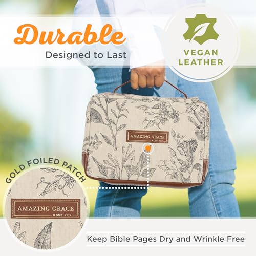 Christian Art Gifts Women's Premium Natural Canvas Vegan Leather Fashion Bible Cover: Amazing Grace - Inspirational Scripture, Sturdy Protective Book Carry Case Accessory, Creamy Brown Floral, Large - size: Large