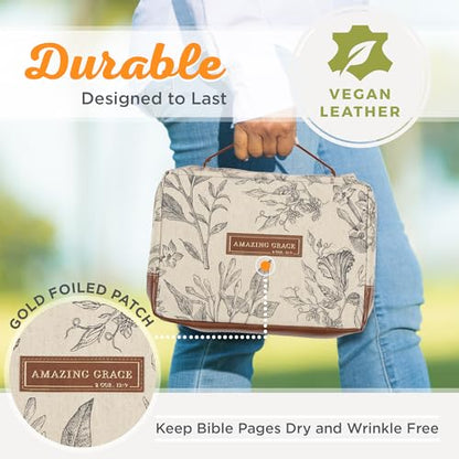Christian Art Gifts Women's Premium Natural Canvas Vegan Leather Fashion Bible Cover: Amazing Grace - Inspirational Scripture, Sturdy Protective Book Carry Case Accessory, Creamy Brown Floral, Large - size: Large