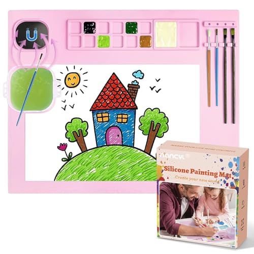 Silicone Painting Mat, Art Mat with Cup, Craft Paint Brush Cleaner Tool, Artist for Kids Gift Clay DIY Creations, Christmas Gift for Kids (Pink) - color: Pink