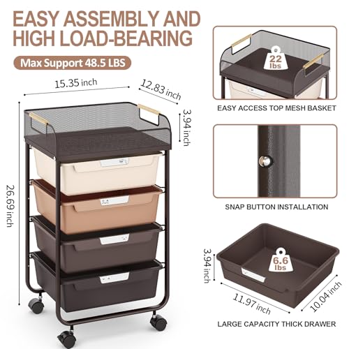 SYKIARIOL 4-Drawer Rolling Storage Cart with Mesh Top, Utility Craft Organizer Cart on Wheels with DIY Labels, Rolling Drawer Cart for Home Office Classroom Bedroom, Brown - color: Brown