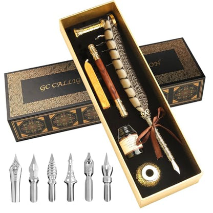 Calligraphy Pen Set - Feather Dip Pen,Dual Tip Calligraphy Fountain Pen | Stamp, Wax Candle, Pen Base, Ink Bottle, Ink Cartridges L492