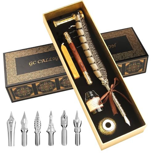 Calligraphy Pen Set - Feather Dip Pen,Dual Tip Calligraphy Fountain Pen | Stamp, Wax Candle, Pen Base, Ink Bottle, Ink Cartridges L492