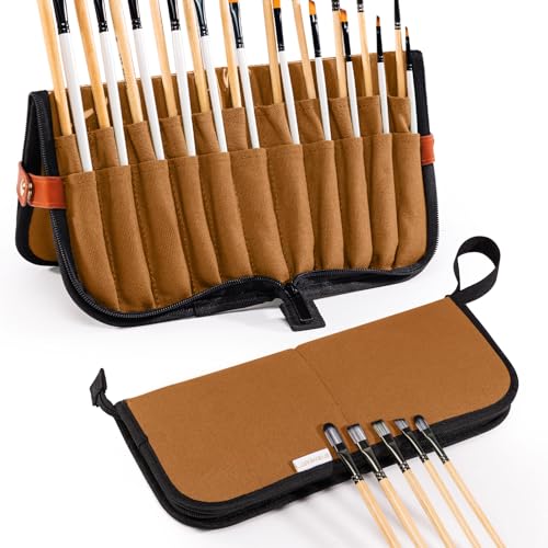 Stand Up Canvas Paint Brush Holder Case for Artists, 22 Slots Brush Organizer with Pop-Up Stand, Zippered Travel Paint Brush Storage Bag for Acrylic Oil Watercolor Brushes, Portable Paintbrush Case - color: Caramel Brown, size: Large 6*13.5"