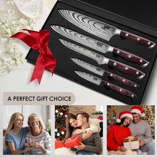 SHAN ZU Japanese Chef Knife Set 5 PCS, High Carbon Stainless Steel Ultra Sharp Kitchen Knives for cooking, Professional Chef Knife Set with Ergonomic Pakkawood Handle - color: 5 PC KNIFE SET