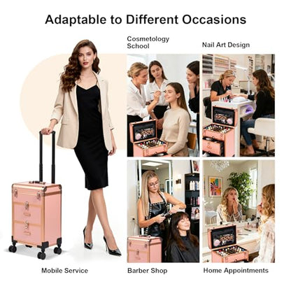 3 in 1 Rolling Makeup Case, Professional Cosmetology Case on Wheels, Detachable Clear Makeup Bag & Nail Polish Organizer, Portable Makeup Trolley with Drawers for Makeup Artists & Nail Technicians - color: Rose Golden