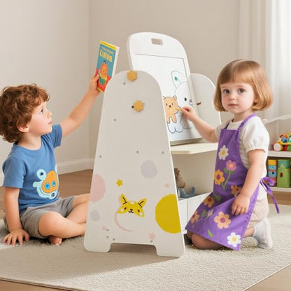INFANS Easel for Kids with Stool, 4-in-1 Double-Sided Adjustable Magnetic Chalkboard with Paper Roll, Bookshelves, Wheels, Wooden Standing Painting Drawing Art Board for Boys Girls - style: Puppy