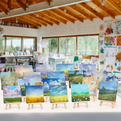 Tosnail 24 Pack 4" x 4" Mini Canvas and Easel Set, Small Art Easel Stand with Canvas Set, Tabletop Wooden Display Stand and Canvas Panels for Artist, Students, Adults, Kids Painting