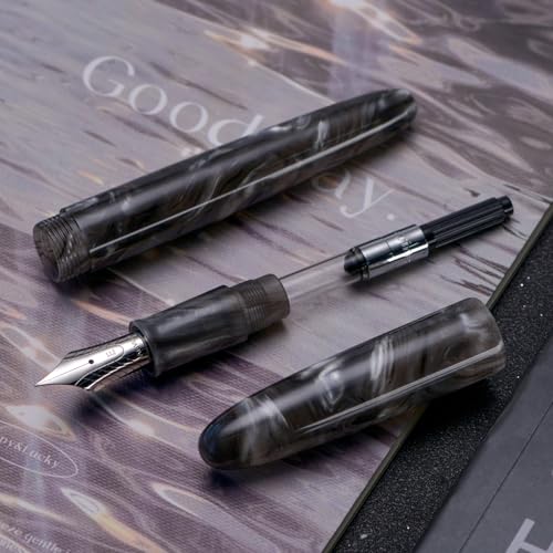 Asvine C80 Fountain Pen #8 Fine Nib Large Handcraft Pen with Converter Pen Case Collection Set (Gray Ripple) - color: Gray Ripple, style: Fine