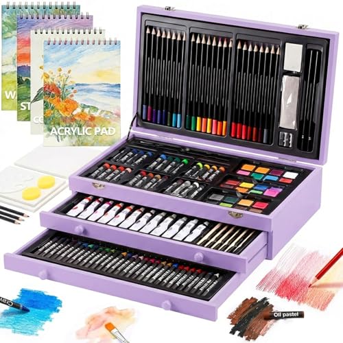194 Piece Deluxe Art Set, Painting Drawing Art Supplies with 4 Drawing Pads, Acrylic Paints, Crayons, Colored Pencils Set in Wooden Case, Art Kit Gift Box for Kids, Teens, Adults, Artists, Beginners - color: Purple