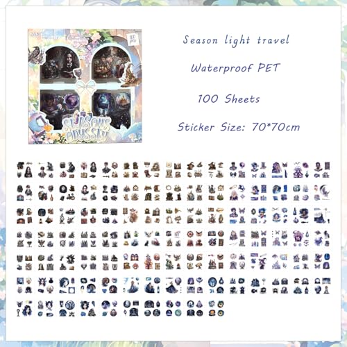 100 Sheets Magic Interstellar Theme Scrapbook Stickers, Transparent Waterproof Journal Stickers for Scrapbooking, Aesthetic Junk Journal Supplies for Bullet Journaling Planners Diary Collage Laptops - color: Season Light Travel