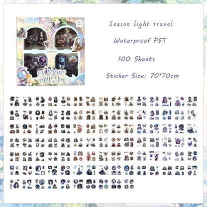 100 Sheets Magic Interstellar Theme Scrapbook Stickers, Transparent Waterproof Journal Stickers for Scrapbooking, Aesthetic Junk Journal Supplies for Bullet Journaling Planners Diary Collage Laptops - color: Season Light Travel