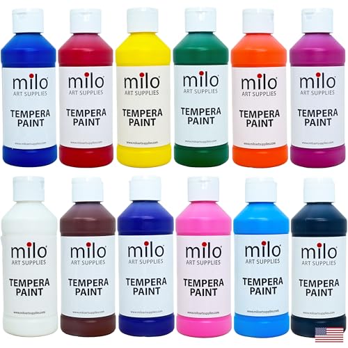 milo Washable Paint | 12 Colors 8 oz Bottles | Made in the USA | Safe and Non-Toxic Tempera Paint for Arts & Crafts, Poster, Window, Classroom, School - style: Primary Tempera 12 x 8 oz Bottles