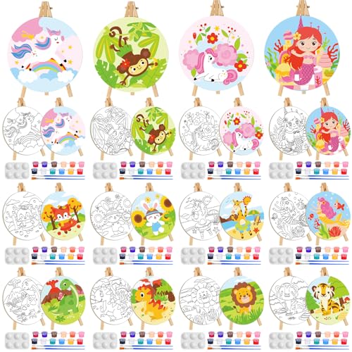 Supervitae 72 Piece 5.9" Round Pre Drawn Canvas Cute Spring Animals Sip and Paint Kit for Kids Adults with Pictures Paints Easels Brushes for Spring Summer Easter DIY Painting Party Gifts - size: 5.9", style: Cute Animals