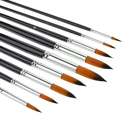 9pcs Round Pointed Tip Pony Hair Artists Filbert Paintbrushes | Watercolor, Paint Brush Set, Acrylic Oil Painting Brush, black