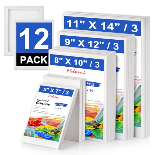Stretched Canvas - 5x7, 8x10, 9x12, 11x14 (3 of Each) Total 12 Canvas Pack - 100% Cotton Blank Canvases for Oils Acrylics and Pouring - size: 12 Packs -4Sizes (3 of Each)
