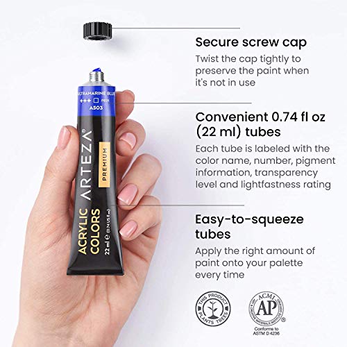 ARTEZA Acrylic Paint Set of 12 Colors, 0.74 Ounces Tubes, Acrylic Artist Paints. Art Supplies for Painting