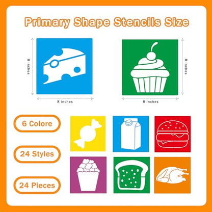 24 Pieces Stencils,Large Drawing Stencils Chalk Template,8 Inches Washable Shape Template Stencils Kit for Crafts,Painting Drawing (Food, 8 inch) - color: Food