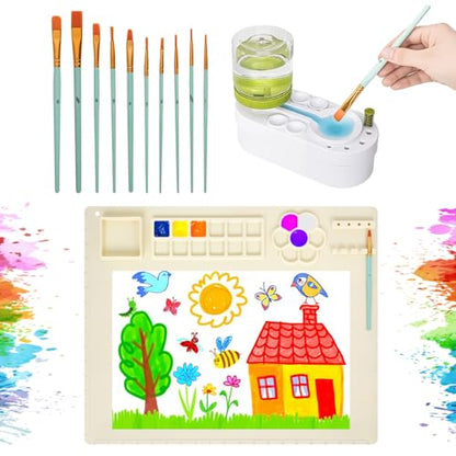 Painting Station, Paint Brush Cleaner (Pre-Assembled) and Silicone Painting Mat 20" X 16" Silicone Art Mat with 10 Paint Brushes for Artist Kids Adults Birthday Gifts (Green) - color: Green