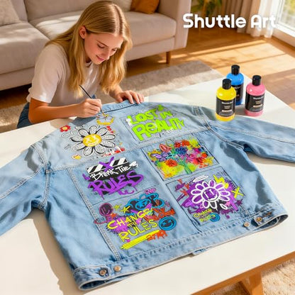 Shuttle Art 18 Colors Fabric Paint, 250ml/8.45oz, Permanent Soft Fabric Paint in Bottles with Brushes, Palette, Stencils, Non-Toxic Textile Paint for T-Shirts, Shoes, Jeans, Bags, DIY Projects&Art