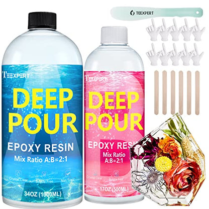 Teexpert Deep Pour Epoxy Resin, 51oz Epoxy Resin Kit for 2-4" Pour Depths, Crystal Clear & High Gloss, Bubble-Free Casting Resin for Flower Preservation, River Tables and Mold Crafts - 2:1 Mix Ratio - size: 51oz