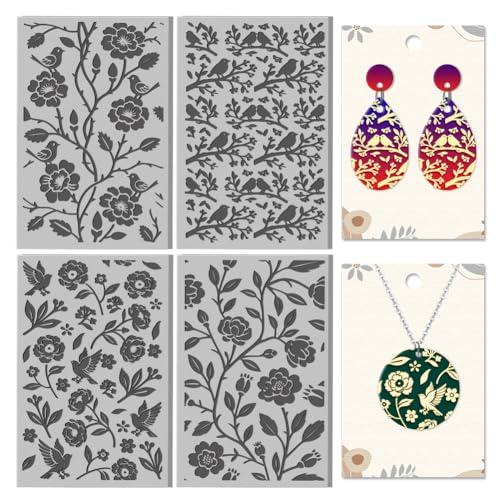 CHGCRAFT 4 Pcs Flowers Birds Pattern Polymer Clay Texture Sheet Vintage Branches Patterns Rubber Clay Texture Mat for Polymer Clay Making Earrings Jewelry DIY Crafts 4 × 2.5 Inch