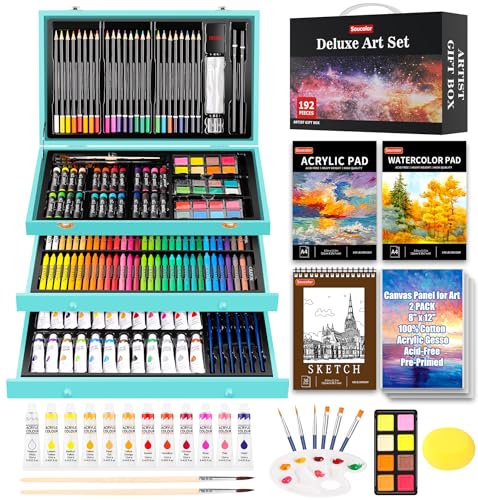 Soucolor Art Supplies, 192-Pack Deluxe Art Set Drawing Painting Supplies Art Kit with Acrylic Pad, Watercolor Pad, Sketch Book, Canvases, Acrylic Paint, Crayons, Pencils, Gifts for Artists Adults - color: Teal