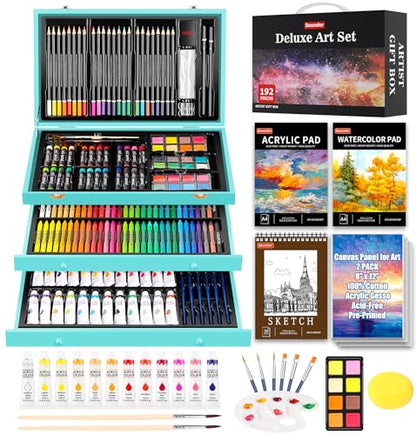 Soucolor Art Supplies, 192-Pack Deluxe Art Set Drawing Painting Supplies Art Kit with Acrylic Pad, Watercolor Pad, Sketch Book, Canvases, Acrylic Paint, Crayons, Pencils, Gifts for Artists Adults - color: Teal