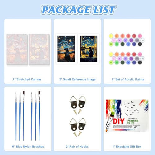 KEYIFA 2 Pack Paint by Numbers Kit, Stretched Canvas Boards for Painting for Adults, Crease-Free Acrylic Oil Painting for Students Favor Sip & Paint Party Supplies, Starry Sky Dog + Cat (8x12in)