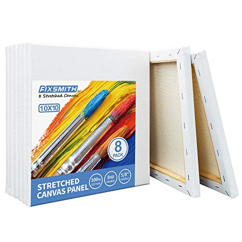 FIXSMITH Stretched White Blank Canvas - 10 x10 Inch, Bulk Pack of 8, Primed, 100% Cotton, 5/8 Inch Profile of Super Value Pack for Acrylics,Oils & Other Painting Media. - size: 10"x10"