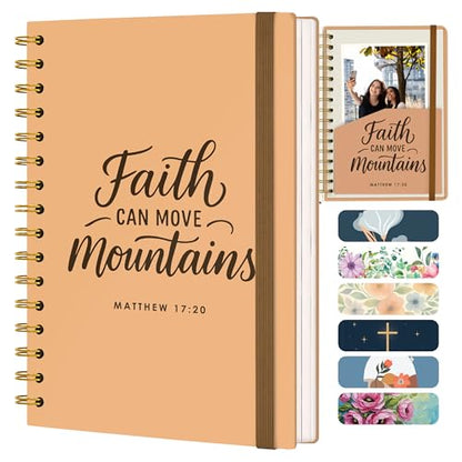 Only Zest Hardcover Blank Christian Notebook – 140 Pages - Matthew 17:20 | Lined Pages with Bible Verse Cover – Inspirational Writing Spiral Notebook for Bible Study, "Faith Can Move Mountains" - color: Faith_Beige