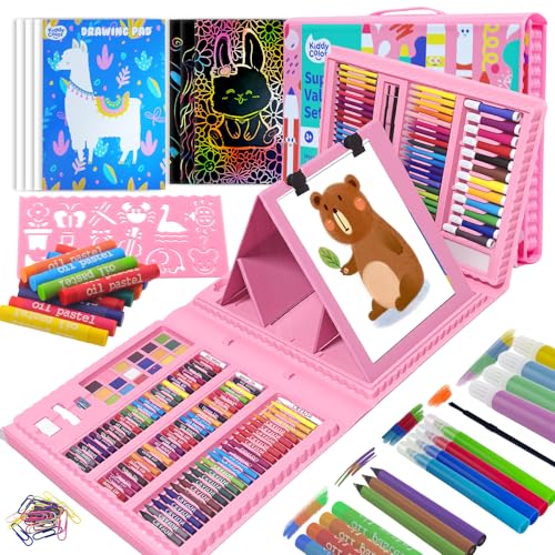 KIDDYCOLOR Kids Art Set, Drawing Art Supplies for Girls & Boys Ages 4-8 with Watercolor Cakes, Oil Pastels, Colored Pencils, Ideal Gift for Young Artist, Pink-217pcs - color: Pink-217pcs, style: 217pcs