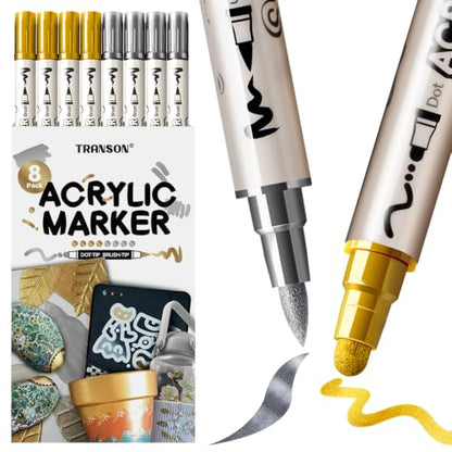 TRANSON 4 Silver and 4 Gold Paint Markers Brush and Bold Dual-tip Acrylic Paint Marker Set for Rock Painting Glass Canvas Wood Leather Ceramic Painting - style: Bold and Brush 4 Gold and 4 Silver