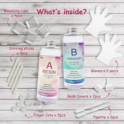 Epoxy Resin, Demorex Resin Kit Crystal Clear-Not Yellowing and No Bubble Self Leveling Easy Mix 1:1 Casting & Coating for DIY Jewelry Making, Art Crafts, Wood & Resin Molds (32oz) - size: 32OZ