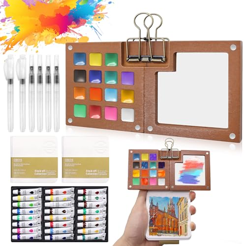 Watercolor Paint Set 24 Colors Travel Kit with Palette for Beginners | Lightweight Pocket watercolor Pint set with smooth pigment flow and 15-well palette, ideal for travel sketching - color: 15 Grids with 24 Color Walnut Palette