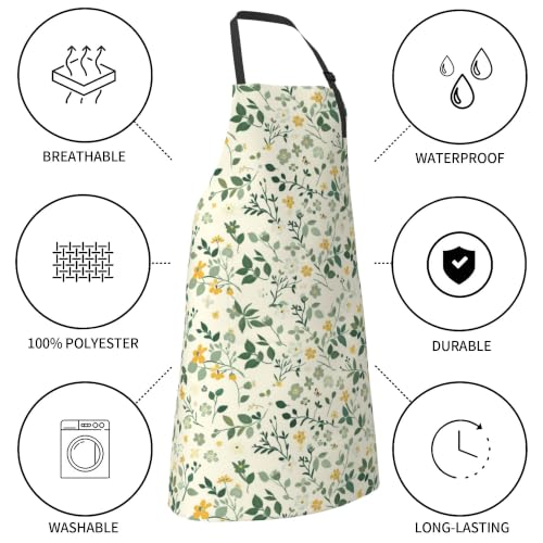 Cream Pastel Wildflower Art Waterproof Apron with Pockets | Garden Aprons for Men Women Adjustable Bib Apron for Cooking Kitchen Baking BBQ Painting Housework Oil Resistant - color: Lemon&leaf Garden