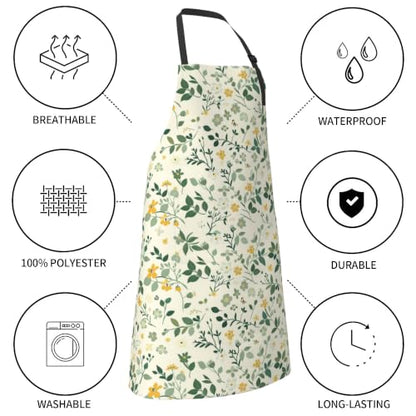 Cream Pastel Wildflower Art Waterproof Apron with Pockets | Garden Aprons for Men Women Adjustable Bib Apron for Cooking Kitchen Baking BBQ Painting Housework Oil Resistant - color: Lemon&leaf Garden