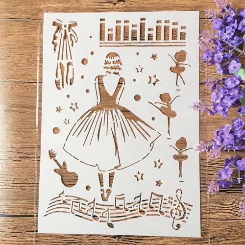 TIAMECH A4 Reusable Dress Girl Stencil for Painting | Music Note Dance Layering Template, DIY Wall Art, Wood Furniture, Scrapbook & Crafts (8.3x11.7inch) - style: Ballet Dress Girl