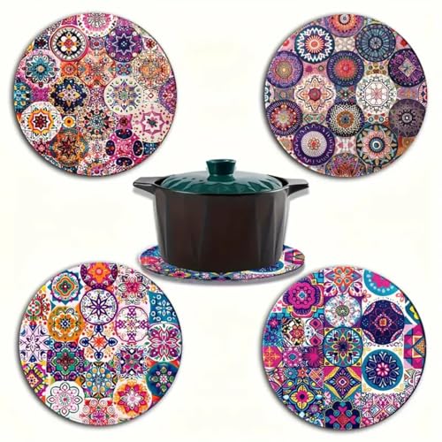 4 Pack Mandala Trivets for Hot Pots and Pans, Colorful Boho Heat Resistant Table Mats, Non-Slip Round Pot Holders Dish Pads for Kitchen Counter & Dining Decor (YP044) - color: Yp044