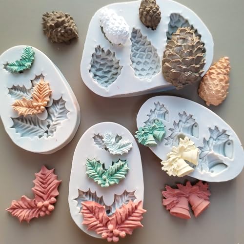 4PCS Christmas Fondant Molds, Christmas Holly Leaves Bells Pinecone Silicone Chocolate Molds, Unique Shape Cake Pop Candy Gummy Molds for Baking, DIY Holiday Dessert Polymer Clay Candle Craft - color: 4pc xmas
