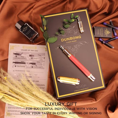 DUNBONG Luxury Fountain Pen, Aureate Gold Powder Finish, Gold Plating and Red Lacquer, Intricate Engraved Pattern, Gilded Medium Nib, Refillable Ink Converter, Luxury hard Gift Box(lion)