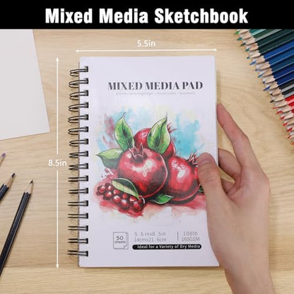 4 Pack Mixed Media Sketchbook, 5.5x8.5 inches Drawing Paper Sketch Book, 98lb/160gsm Heavyweight Spiral Bound Sketch Pads, Suitable for Wet and Dry Media, Drawing, Painting, Sketching(200 Sheets) | 160gsm acid-free paper, for dry and light wet media, lays