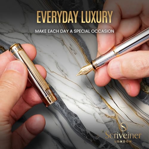 Scriveiner Silver Chrome Fountain Pen - Stunning Luxury Pen, Real Gold Finish, Schmidt Gilded Nib (Broad), Best Gift Set for Men & Women, Professional, Executive Office, Nice Designer Pens - color: 10. Silver Chrome with Gold, style: Broad Nib